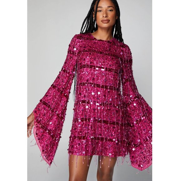 Nasty Gal Dresses & Skirts - Hot Pink Beaded Tassel Flare Sleeve Mini Dress